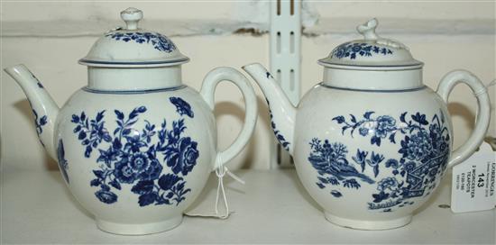 Two Worcester blue and white globular teapots and covers, c.1775-80, height 5.5in.